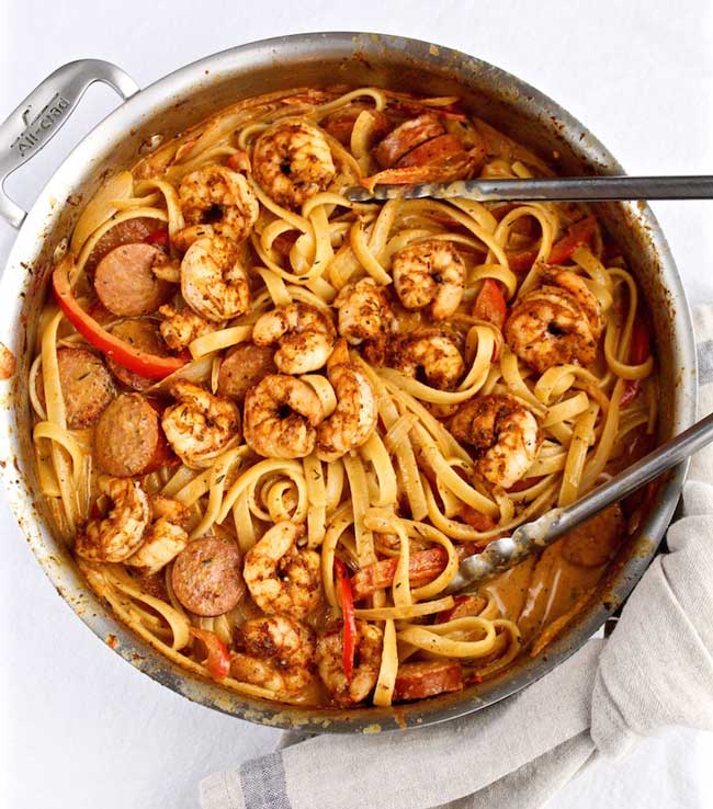 overhead photo of Creamy Cajun Shrimp Pasta
