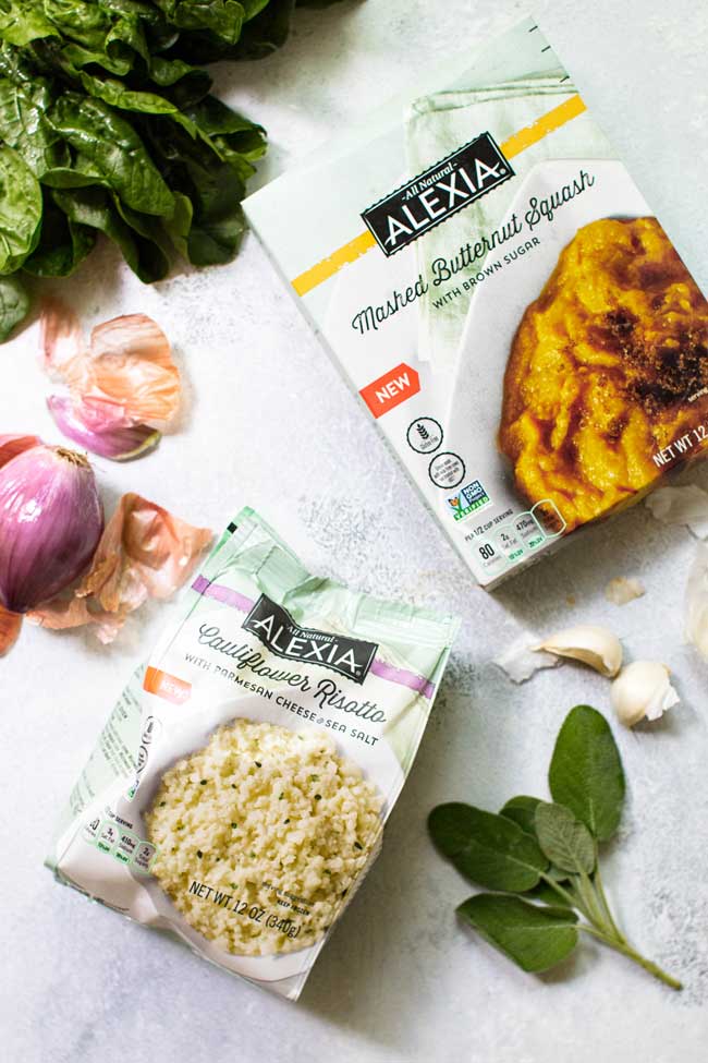 A package of Alexia cauliflower risotto and a package of Alexia mashed butternut squash