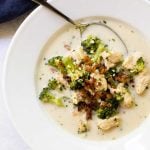 Broccoli Chicken Soup for two garnished with crispy bacon and Parmesan cheese