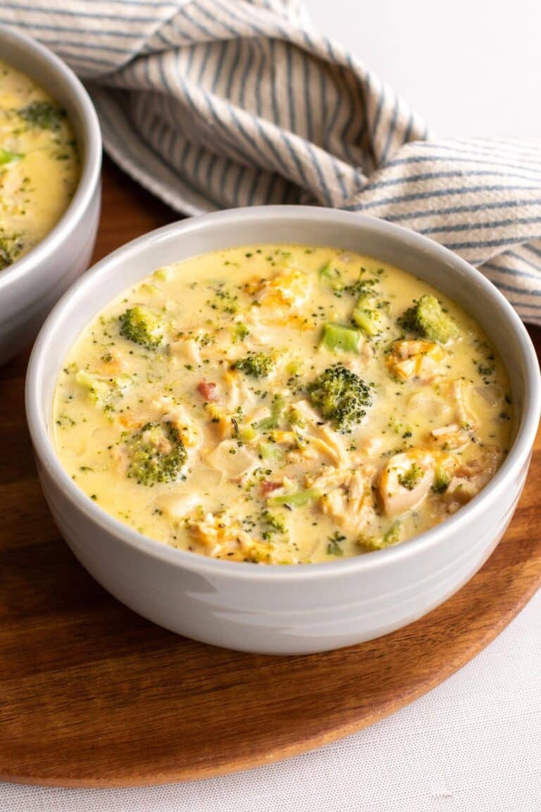 a bowl of broccoli cheddar soup.