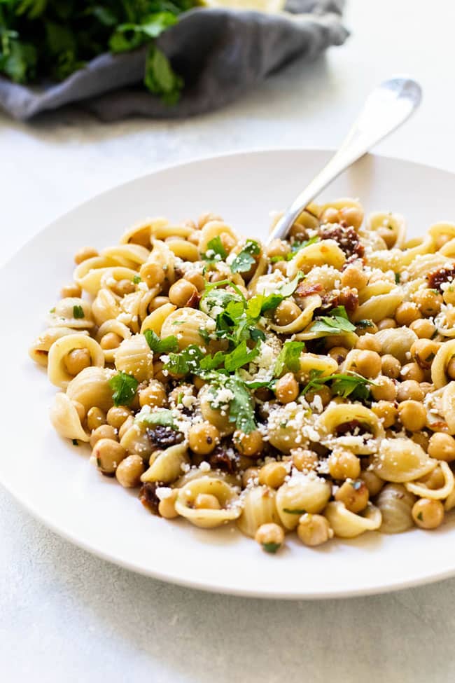 close-up photo Orecchiette with Chickpeas and Feta on plate