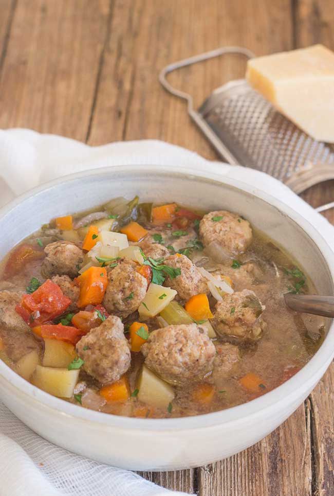 Meatball Soup in a white bowl