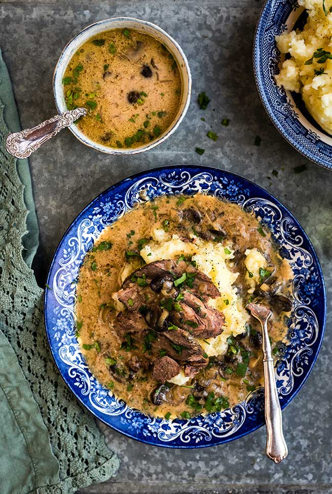 Brisket with Mushroom Gravy on a plate