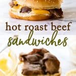 Hot roast beef sandwiches with cheddar cheese sauce