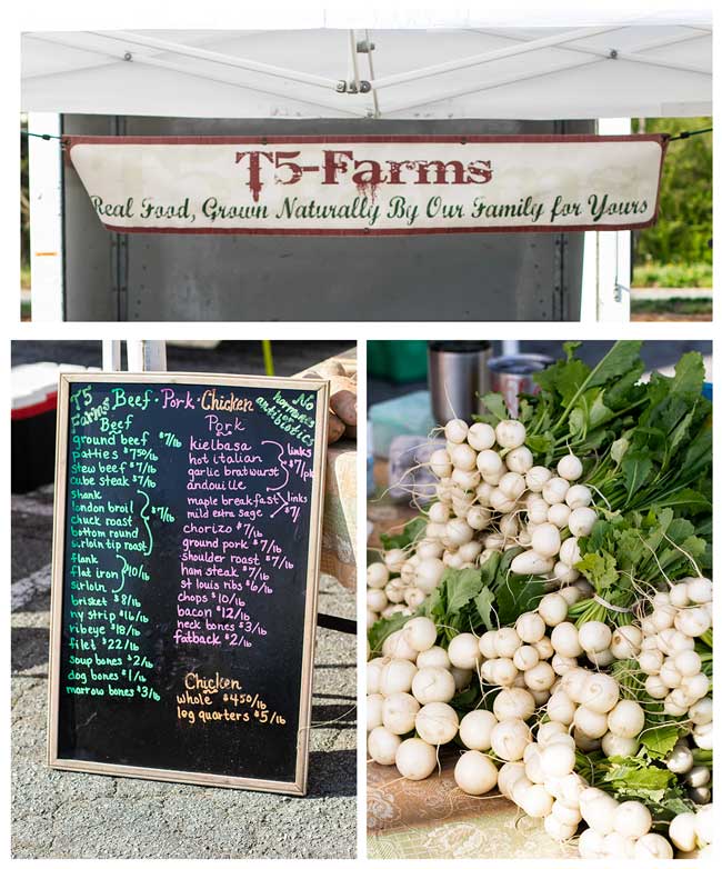 Photo collage of T-5 farm booth at the farmers market