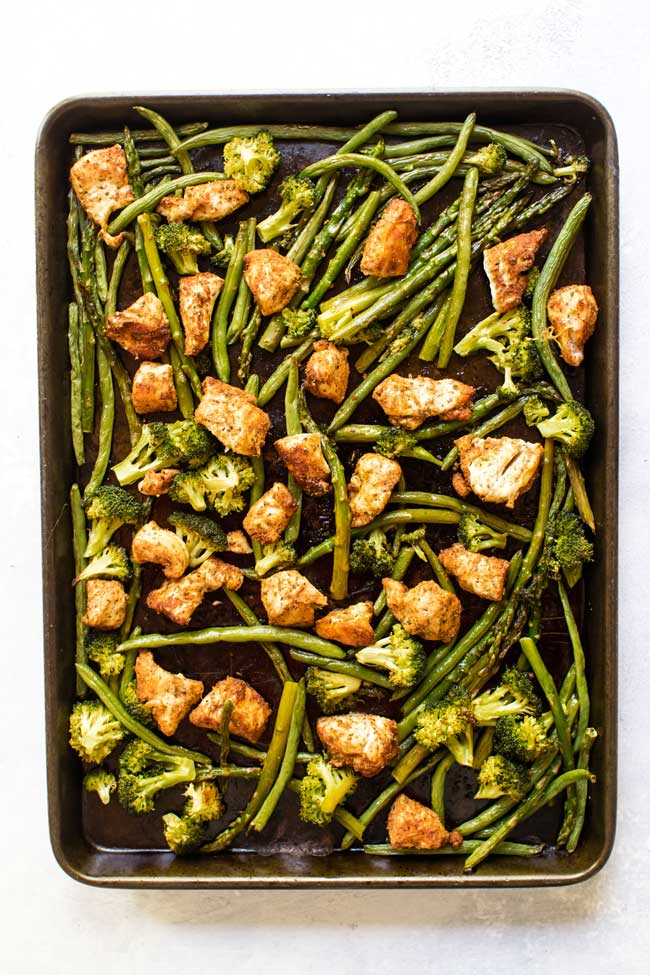 sheet pan chicken with basil-garlic veggies