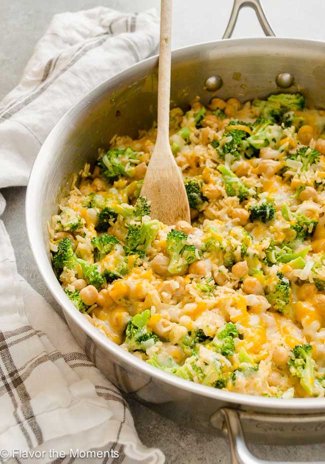 one pot cheese broccoli chickpea rice casserole