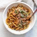 overhead photo of a bowl of spicy chicken ragu