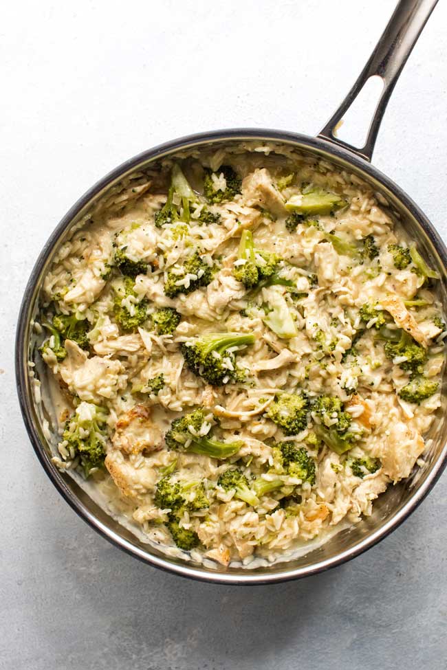 overhead photo of one-pan creamy chicken and rice
