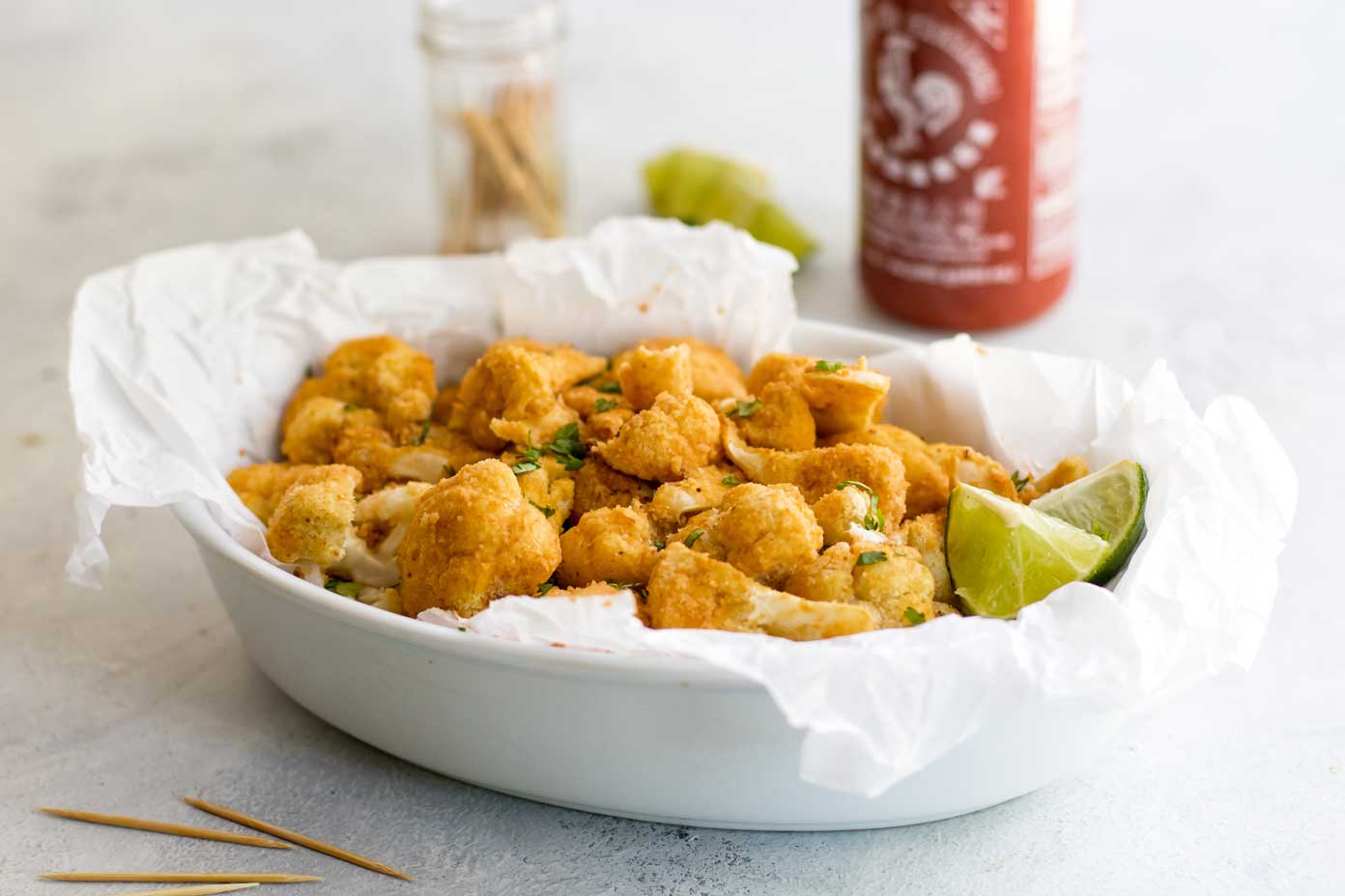 close-up photo of sriracha-lime cauliflower bites