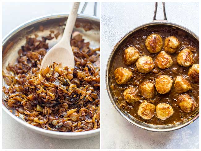 photo collage of caramelized onions in a skilet and meatballs in the gravy