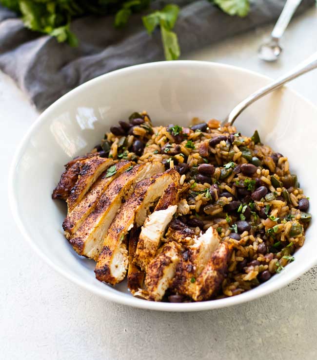 a bowl of poblano black bean rice and chicken