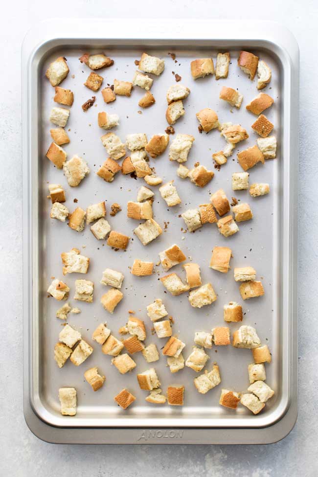 photo of croutons on a baking sheet