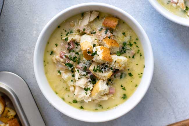 overhead photo of a bowl of soup