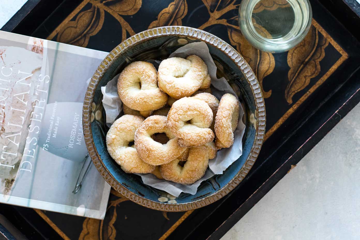 overhead photo of a bowl of wine cookies
