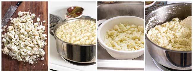 photo collage showing steps for making the cauliflower mash