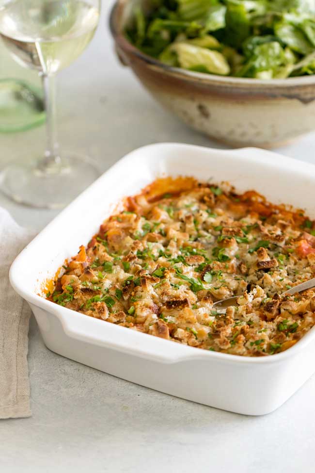 photo of a baked chicken parmesan casserole