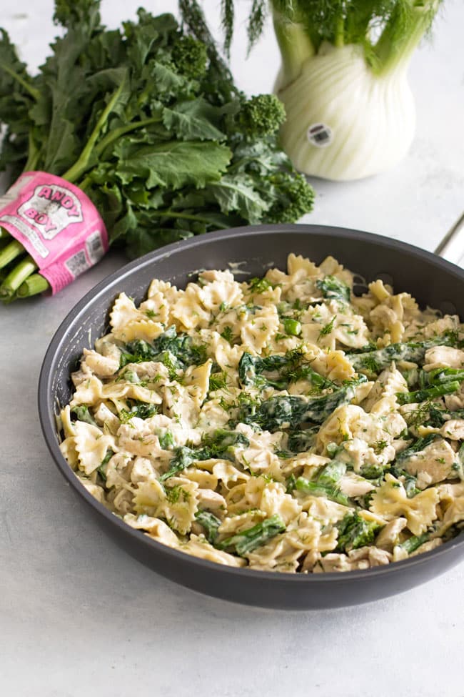 photo of a skillet of broccoli rabe pasta