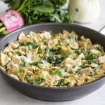 photo of a skillet of broccoli rabe chicken pasta