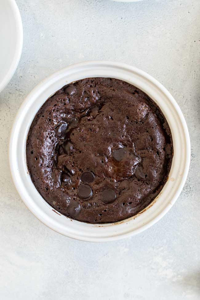 Overhead photo of a mocha pudding cake in a baking dish