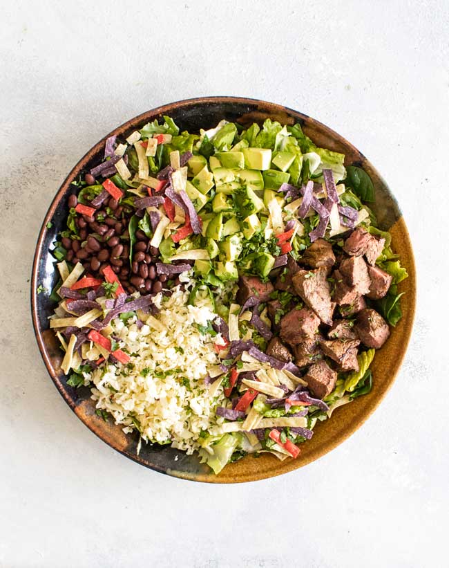 overhead photo of a steak taco salad