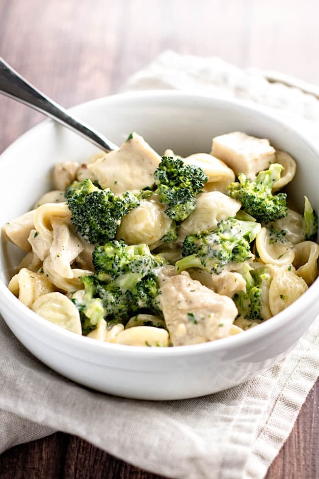 photo of a bowl of chicken and broccoli pasta