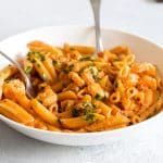photo of a bowl of shrimp penne with vodka sauce