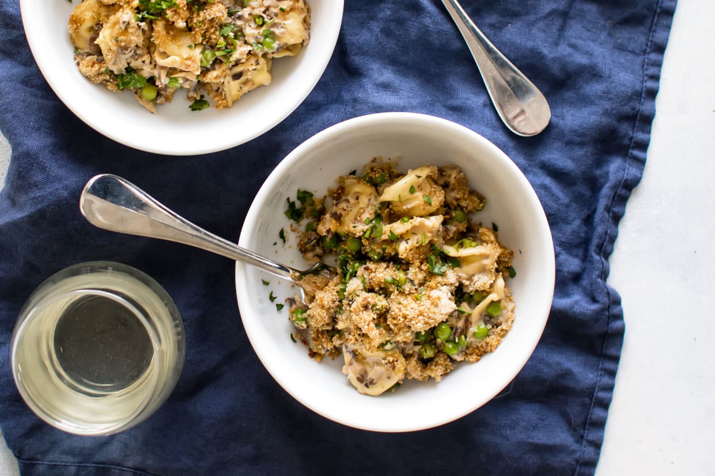 photo of a bowl of tortellini tuna casserole