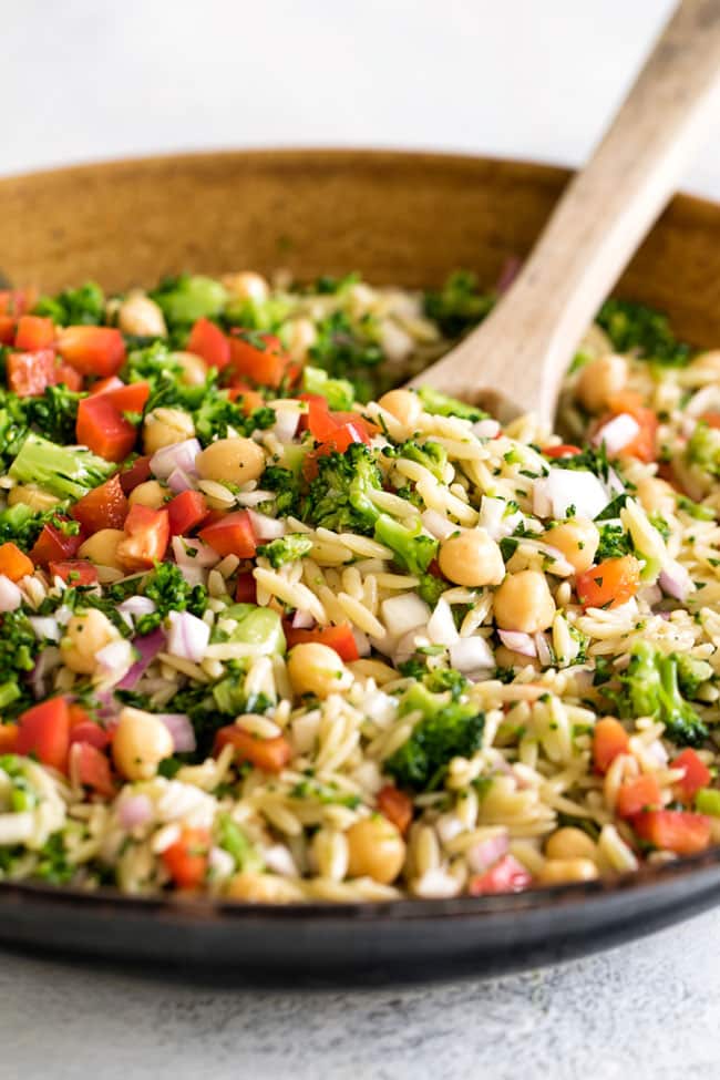 close-up photo of orzo pasta salad