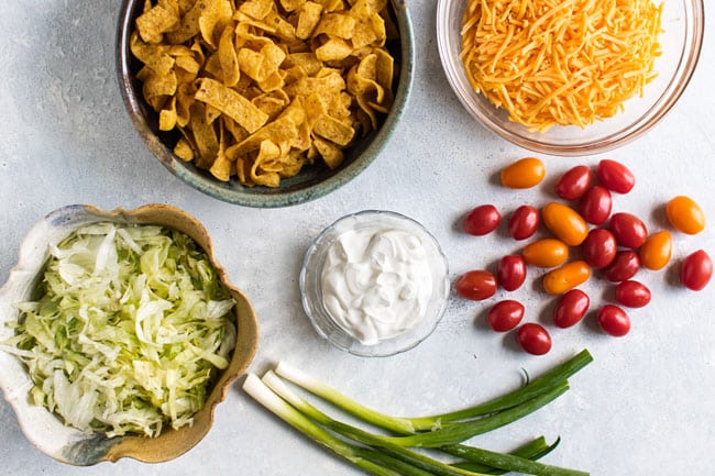 overhead photo of the toppings for frito pie