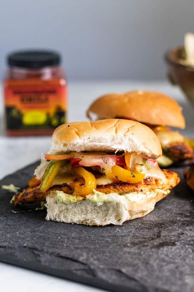 close-up photo of a fajita chicken burger