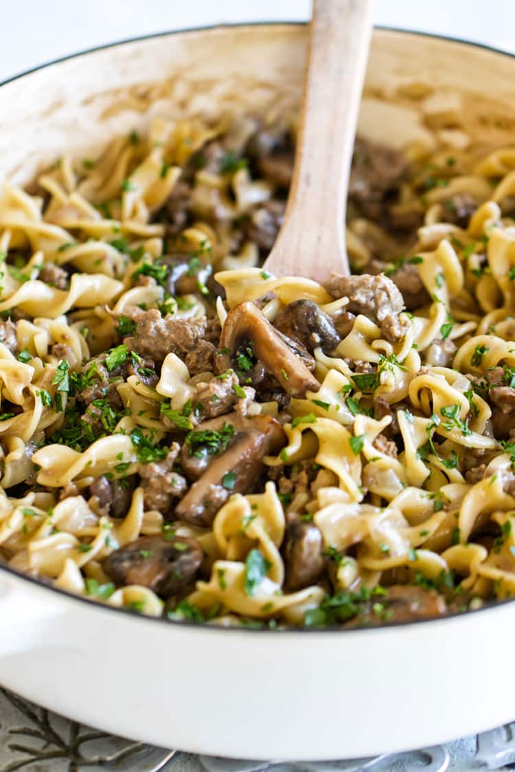 close-up photo of beef stroganoff in a pan