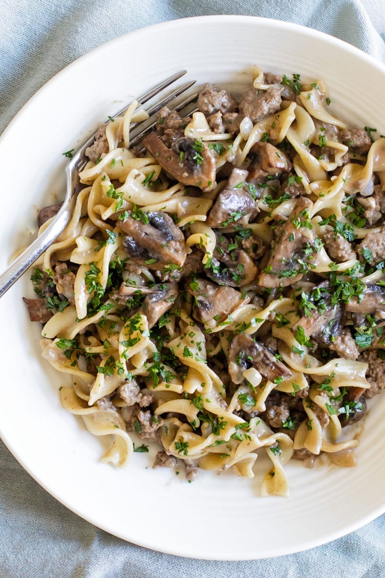 overhead photo of a bowl of ground beef stroganoff