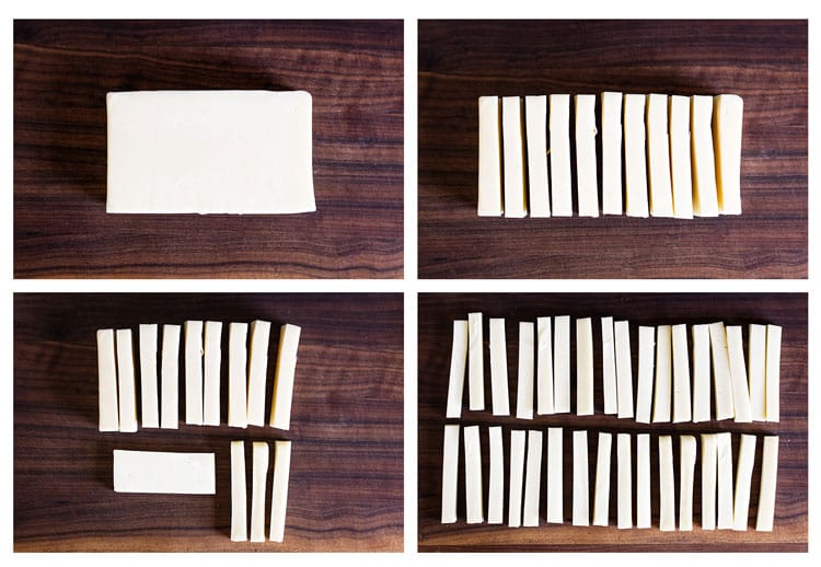 process steps showing how to slice the cheese into 1/2" sticks