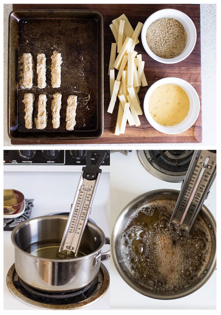 process steps showing how to bread the cheese sticks, the pot with thermometer, and cheese sticks frying in oil