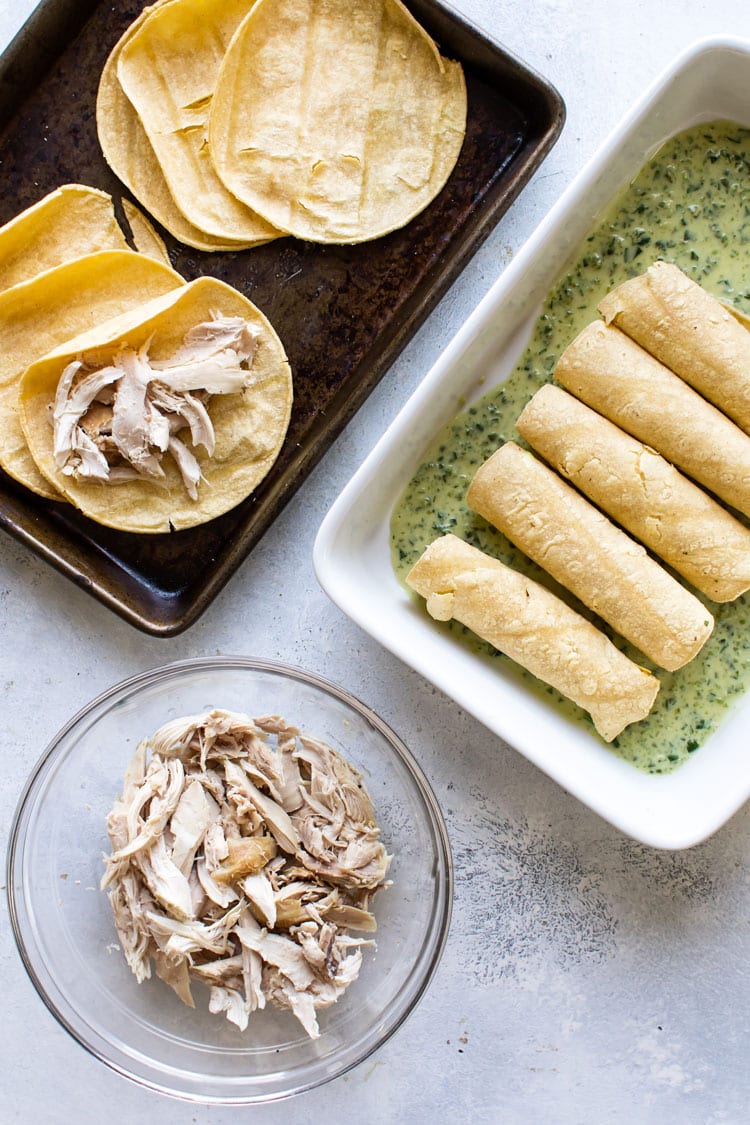 overhead photo showing how to assemble the enchiladas