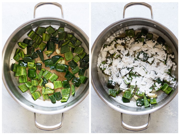 photo collage showing peppers cooking in pan and flour sprinkled in pan