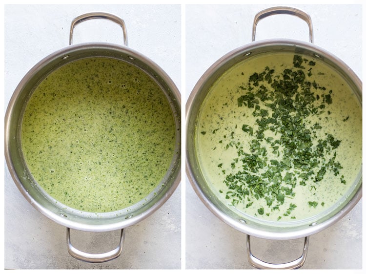 photo collage showing pureed sauce and cilantro being added to the sauce