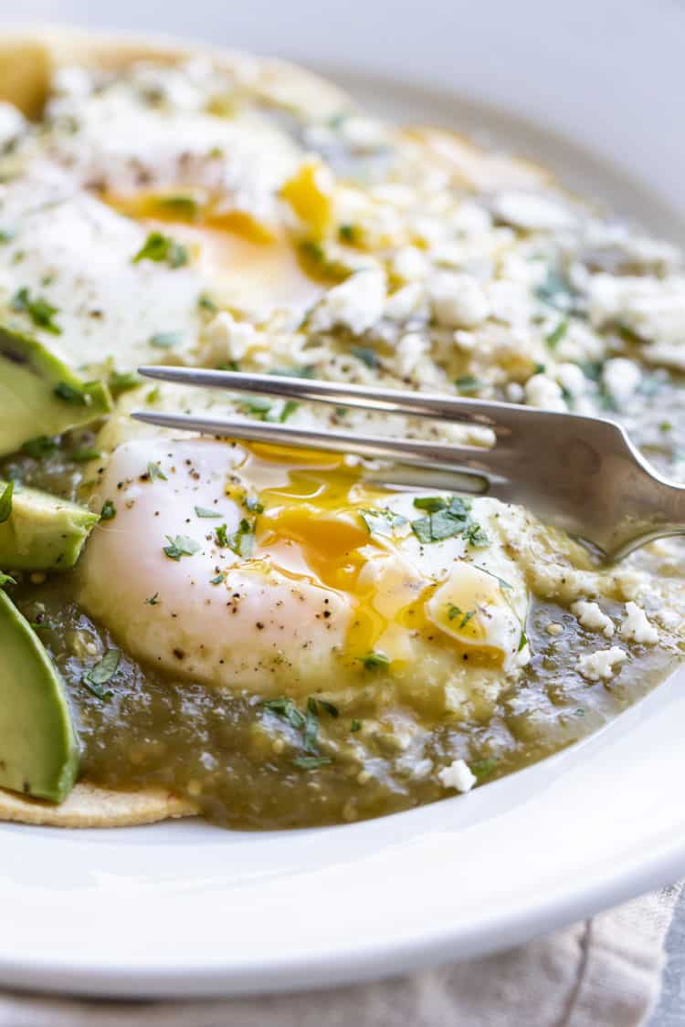 close-up photo of a fork cutting into an egg yolk in salsa verde