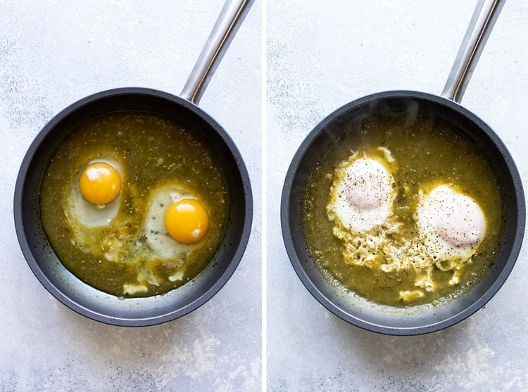 photo collage showing eggs cooking in a skillet with salsa verde