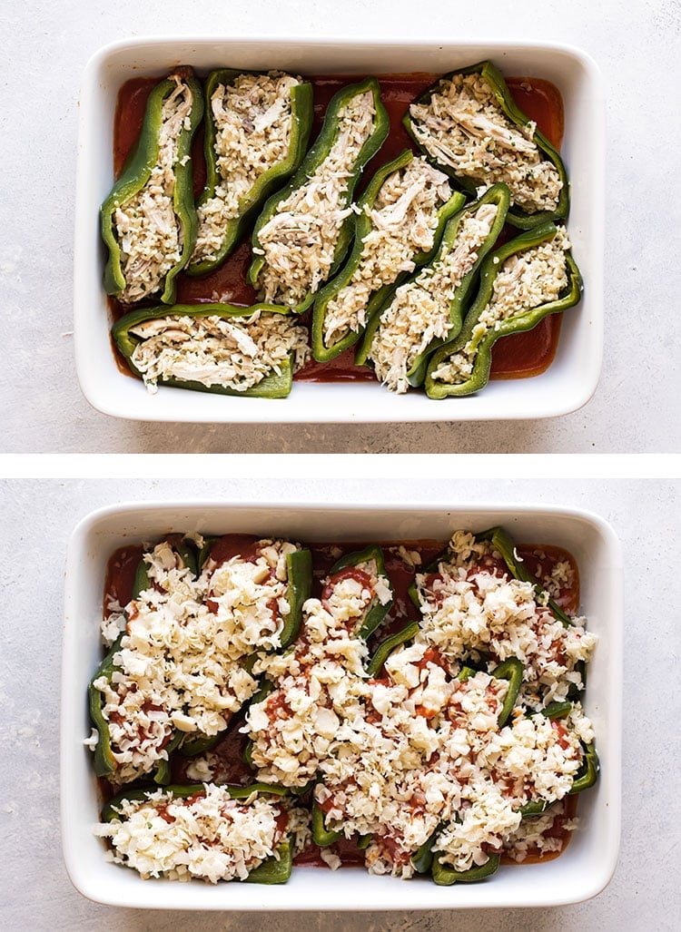 photo collage showing peppers stuffed with filling and topped with cheese and sauce