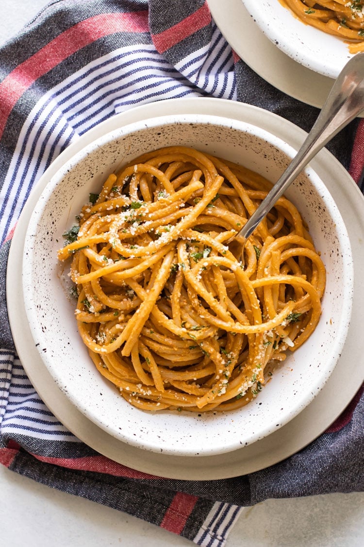 overhead photo of a bowl of tomato pasta