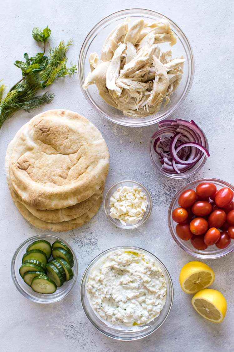 overhead photo of the ingredients for chicken gyros