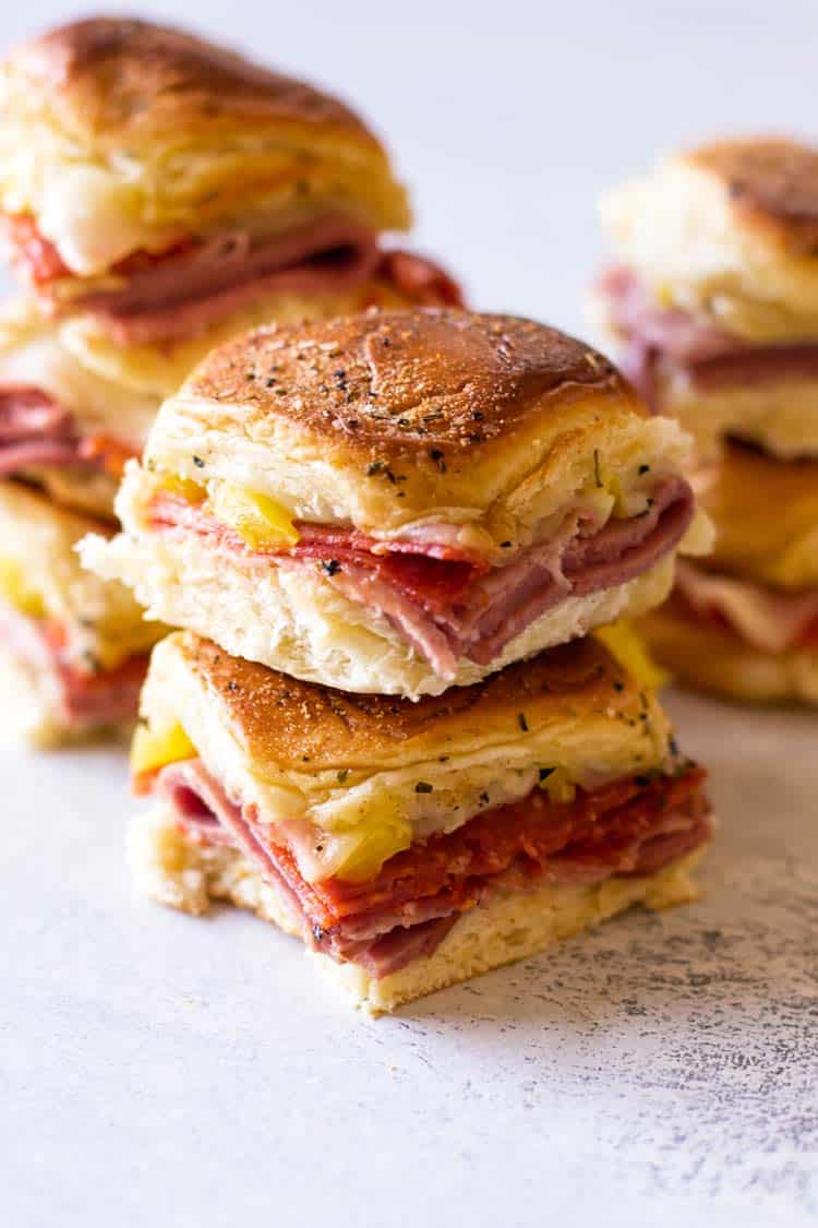 close-up photo of a stack of two italian sliders