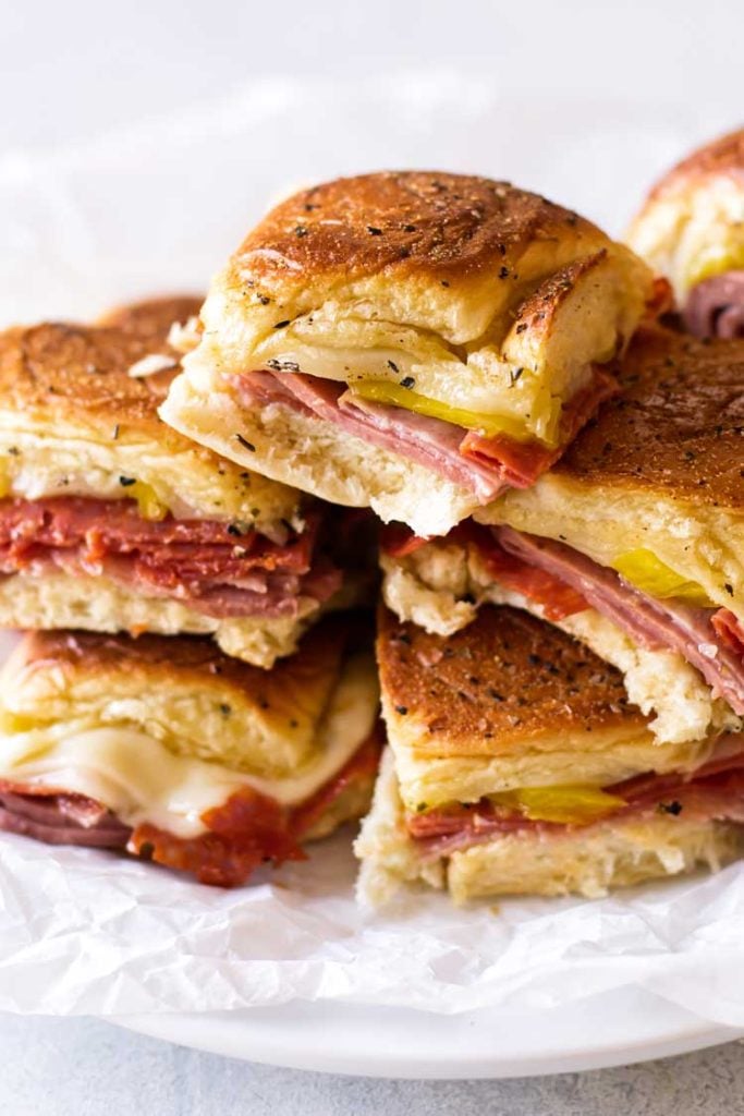 close-up photo of a stack of sandwiches