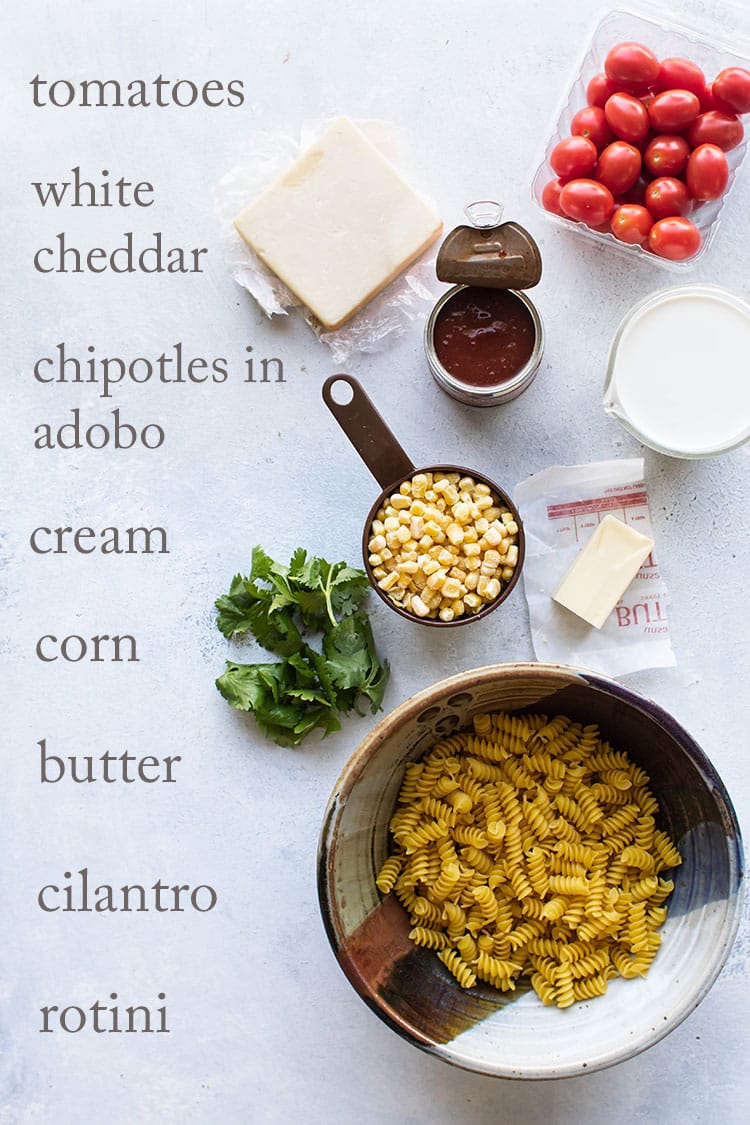 overhead photo of the ingredients for southwest chicken pasta