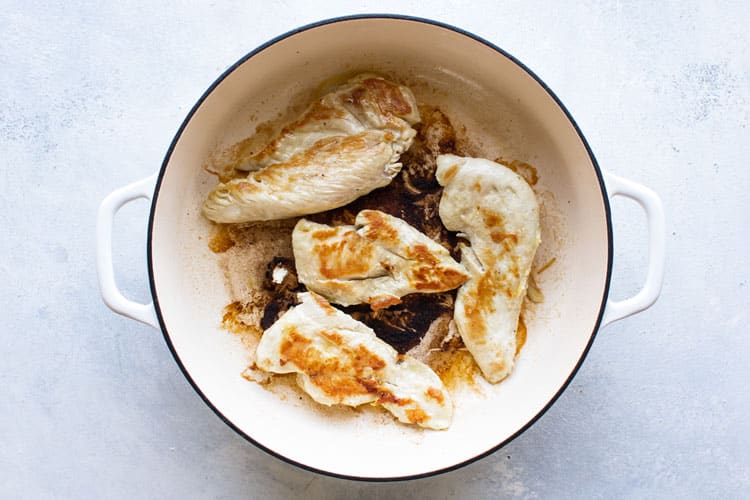 overhead photo of chicken in a pan