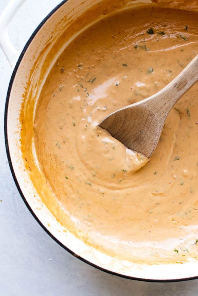 overhead photo of the sauce in the pan