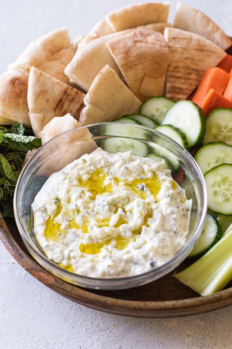 close-up photo of a bowl of tzatziki