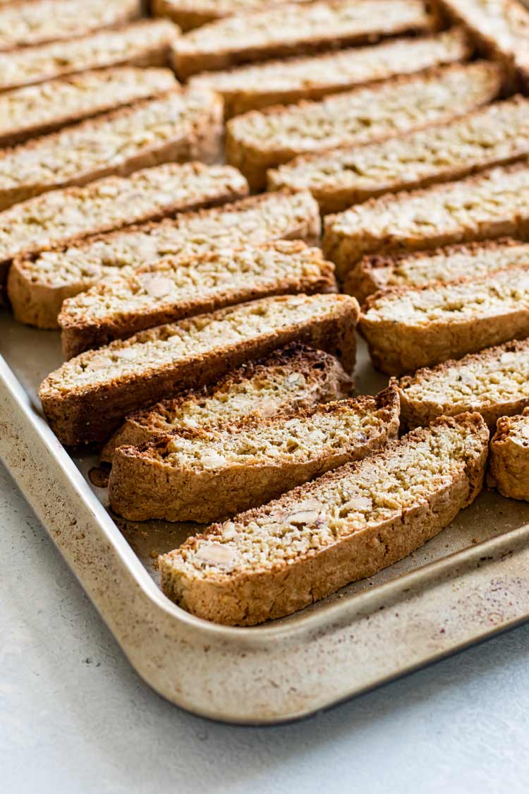 close-up photo of baked biscotti on a baking sheet